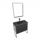 Meuble de salle de bain 80x50cm blanc - 2 tiroirs noir mat - vasque résine noire effet pierre et miroir led noir mat - structura p028 Aurlane - PACM028
