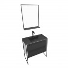 Meuble de salle de bain 80x50cm blanc - 2 tiroirs noir mat - vasque résine noire effet pierre et miroir noir mat - structura p029