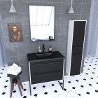 Ensemble meuble de salle de bain 80x50 cm - vasque noir effet pierre + colonne noir mat + miroir Aurlane - PACM031