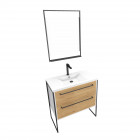 Pack meuble de salle de bain 80x50cm blanc - 2 tiroirs blanc - vasque blanche et miroir à led noir mat - structura p033