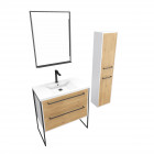 Pack meuble de salle de bain 80x50 cm - 2 tiroirs - vasque blanche + miroir noir mat led + colonne Aurlane - PACM035