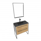 Meuble de salle de bain 80x50 cm + 2 tiroirs chêne naturel + vasque noir effet pierre + miroir led Aurlane - PACM039