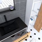 Meuble de salle de bain 80x50 cm - 2 tiroirs chêne naturel + vasque noir + miroir + colonne Aurlane - PACM041