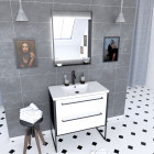 Pack meuble de salle de bain 80x50cm noir mat - 2 tiroirs blanc - vasque blanche et miroir led noir mat - structura p044
