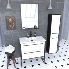 Ensemble de salle de bain 80 cm blanc finition noir + vasque blanche+ miroir + colonne de rangement Aurlane - PACM047