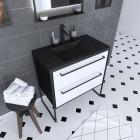 Meuble de salle de bain 80x50cm noir mat - 2 tiroirs blanc - vasque résine noire effet pierre - structura p049