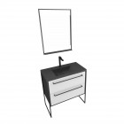 Pack meuble de salle de bain 80x50cm noir mat - 2 tiroirs blanc - vasque résine noire effet pierre et miroir led noir mat - structura p050 Aurlane - PACM050