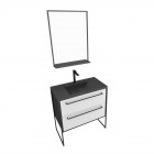 Pack meuble de salle de bain 80x50cm noir mat - 2 tiroirs blanc - vasque résine noire effet pierre et miroir noir mat - structura p051