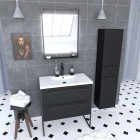 Meuble salle de bains 80 cm, vasque blanche, miroir led et colonne - noir - structura Aurlane - PACM057