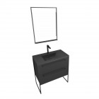 Meuble de salle de bain 80x50cm noir mat - 2 tiroirs noir mat - vasque résine noire effet pierre et miroir led noir mat - structura p061