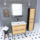 Meuble salle de bains 80 cm, vasque blanche, miroir led et colonne - chêne et noir - structura Aurlane - PACM068