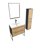 Meuble salle de bains 80 cm, vasque blanche, miroir led et colonne - chêne et noir - structura Aurlane - PACM068