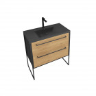 Meuble de salle de bain 80x50cm noir mat - 2 tiroirs chêne brun - vasque résine noire effet pierre - structura p071 Aurlane - PACM071