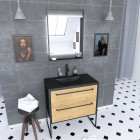 Pack meuble de salle de bain 80x50cm noir mat - 2 tiroirs chêne brun - vasque noir effet pierre et miroir led noir mat - structura p072