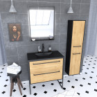 Ensemble meuble de salle de bain blanc 80cm + vasque noir effet pierre + miroir led + colonne