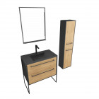 Ensemble meuble de salle de bain blanc 80cm + vasque noir effet pierre + miroir led + colonne Aurlane - PACM074