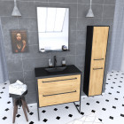 Ensemble meuble de salle de bain blanc 80cm + vasque noir effet pierre + miroir + colonne rangement Aurlane - PACM075