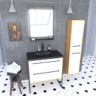 Meuble de salle de bain 80x50cm- vasque noir effet pierre 80x50cm - 2 tiroirs - colonne - miroir led