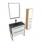 Meuble de salle de bain 80x50cm- vasque noir effet pierre 80x50cm - 2 tiroirs - colonne - miroir led Aurlane - PACM085