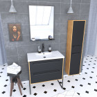 Meuble de salle de bain 80x50cm - vasque blanche 80x50cm -tiroirs noir mat + colonne + miroir Aurlane - PACM091