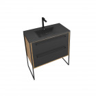 Meuble de salle de bain 80x50cm chêne brun - 2 tiroirs noir mat - vasque résine noire effet pierre - structura p093 Aurlane - PACM093