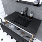 Meuble de salle de bain 80x50cm chêne brun - 2 tiroirs noir mat - vasque résine noire effet pierre et miroir noir mat - structura p095