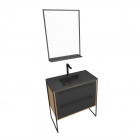Meuble de salle de bain 80x50cm chêne brun - 2 tiroirs noir mat - vasque résine noire effet pierre et miroir noir mat - structura p095 Aurlane - PACM095