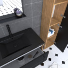 Meuble de salle de bain 80x50cm - vasque noir effet pierre -tiroirs noir mat + colonne + mirroir Aurlane - PACM097
