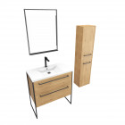 Meuble de salle de bain 80x50cm - vasque blanche - tiroirs finition chêne naturel + colonne + miroir Aurlane - PACM101