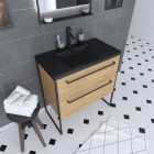 Meuble de salle de bain 80x50cm chêne brun - 2 tiroirs chêne brun- vasque résine noire effet pierre - structura p104