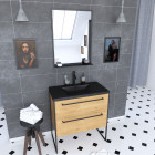 Pack meuble de salle de bain 80x50cm chêne brun - 2 tiroirs chêne brun - vasque résine noire effet pierre et miroir noir mat - structura p106