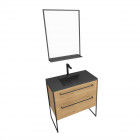 Pack meuble de salle de bain 80x50cm chêne brun - 2 tiroirs chêne brun - vasque résine noire effet pierre et miroir noir mat - structura p106 Aurlane - PACM106