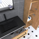 Pack meuble de salle de bain 80x50cm chêne brun - 2 tiroirs chêne brun - vasque résine noire effet pierre - miroir led noir mat et colonne chêne brun - structura p107