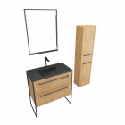 Pack meuble de salle de bain 80x50cm chêne brun - 2 tiroirs chêne brun - vasque résine noire effet pierre - miroir led noir mat et colonne chêne brun - structura p107 Aurlane - PACM107