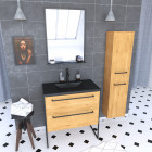 Pack meuble de salle de bain 80x50cm chene brun - 2 tiroirs chene brun - vasque resine noire Aurlane - PACM108