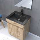 Meuble salle de bain 60x80 - finition chene naturel + vasque noire + miroir led - timber 60 - pack19 Aurlane - PACM229