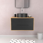 Meuble de salle de bain - 80x45x53cm finition chêne naturel + 2 tiroirs noir mat + vasque noir mat
