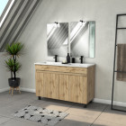 Meuble salle de bains 120cm 4 portes chêne industriel + vasque blanche et miroirs avec appliques led Aurlane - PACM302