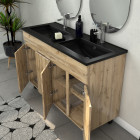 Meuble salle de bains 120cm 4 portes chêne industriel + vasque noire et miroirs ovales Aurlane - PACM308