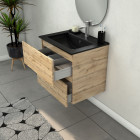 Meuble salle de bains 60cm 2 tiroirs chêne industriel + vasque noire et miroir ovale Aurlane - PACM309
