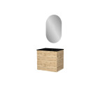 Meuble salle de bains 60cm 2 tiroirs chêne industriel + vasque noire et miroir ovale Aurlane - PACM309