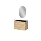 Meuble salle de bains 80cm 2 tiroirs chêne industriel + vasque noire et miroir ovale Aurlane - PACM310