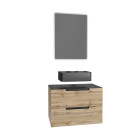 Meuble salle de bains 80cm 2 tiroirs finition chêne et noir - vasque noire - miroir led - omega Aurlane - PACM346