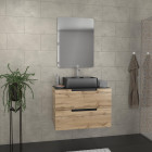 Meuble salle de bains 80 cm 2 tiroirs - chêne et noir - vasque rectangle - miroir 60x80 - omega Aurlane - PACM353