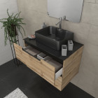Meuble salle de bains 80 cm 2 tiroirs - chêne et noir - vasque rectangle - miroir 60x80 - omega Aurlane - PACM353
