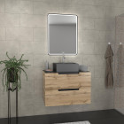 Meuble salle de bains 80 cm 2 tiroirs - chêne et noir - vasque carrée - miroir black led - omega Aurlane - PACM386
