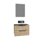 Meuble salle de bains 80 cm 2 tiroirs - chêne et noir - vasque ronde - miroir led - omega Aurlane - PACM438