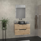 Meuble salle de bains 80 cm 2 tiroirs - chêne et noir - vasque ronde - miroir 60x80 - omega Aurlane - PACM445