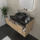 Meuble salle de bains 80 cm 2 tiroirs - chêne et noir - vasque ronde - miroir black led - omega Aurlane - PACM455