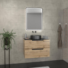 Meuble salle de bains 80 cm 2 tiroirs - chêne et noir - vasque ronde - miroir black led - omega Aurlane - PACM455